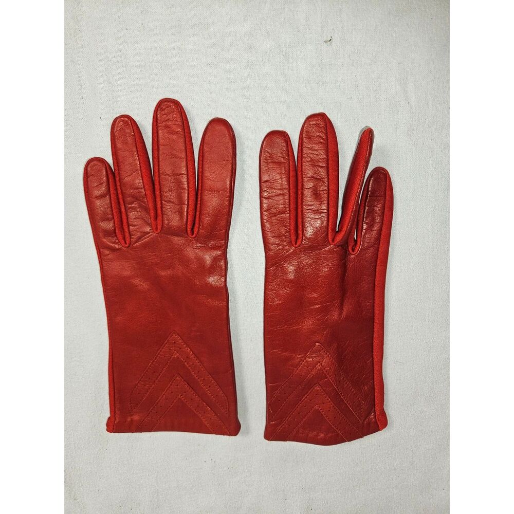 Aris Isotoner Red Burgundy Genuine Leather Gloves Chevron Perforated Fleece